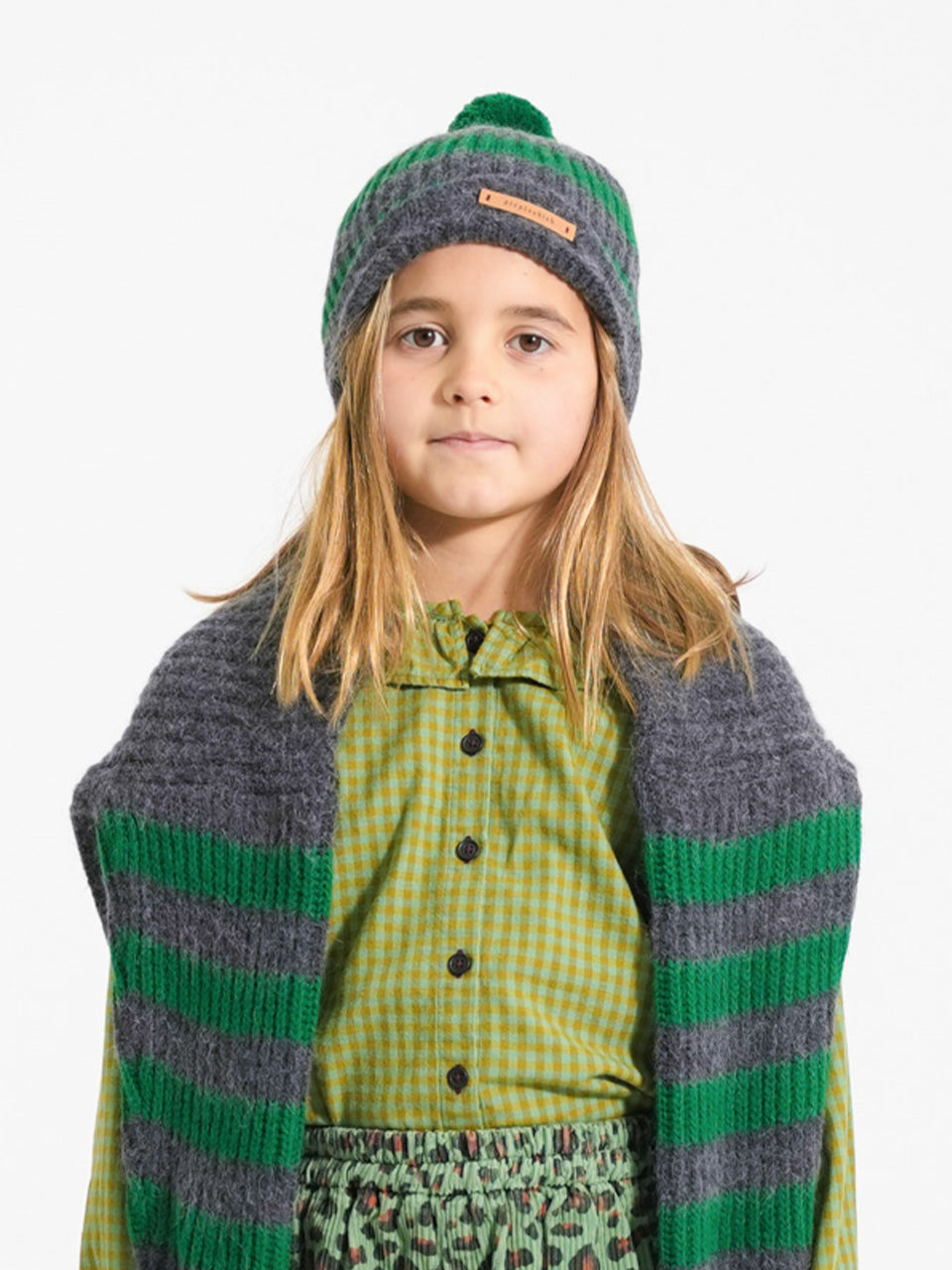 Piupiuchick - Knitted hat w/ pompon - Grey & green stripes