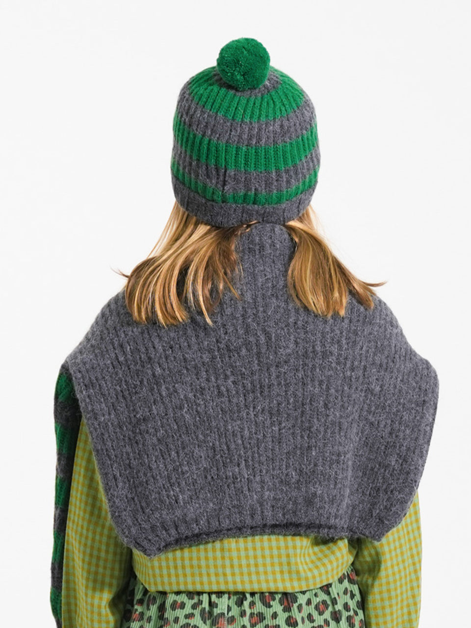 Piupiuchick - Knitted hat w/ pompon - Grey & green stripes