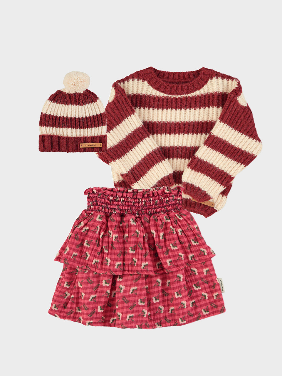 Vinterbundle i røde toner – Strik, Hue & Nederdel (3-dels sæt)