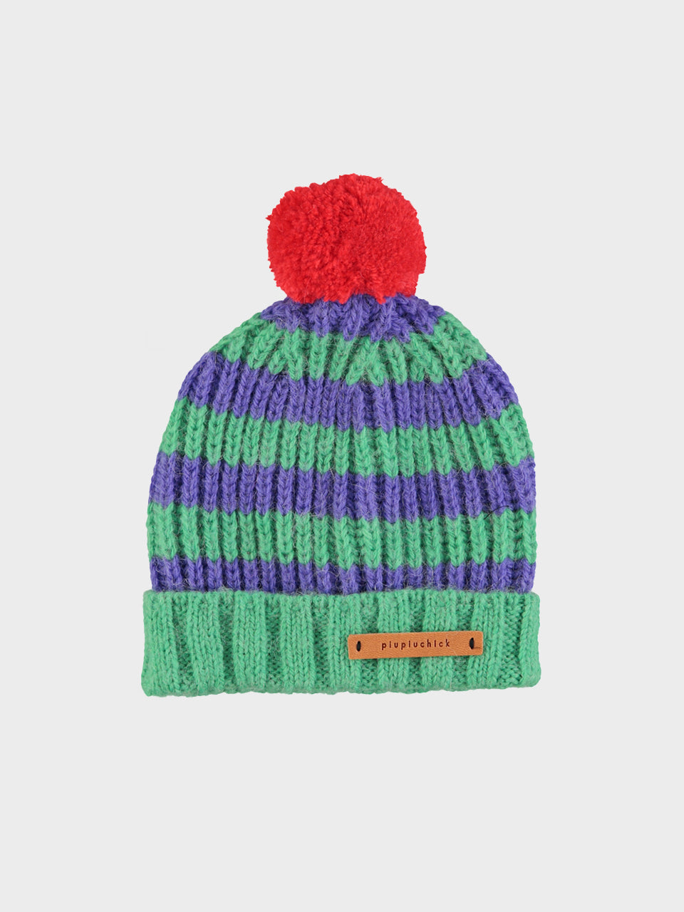piupiuchick - knitted hat w/ pompom - Green & Purple stripes