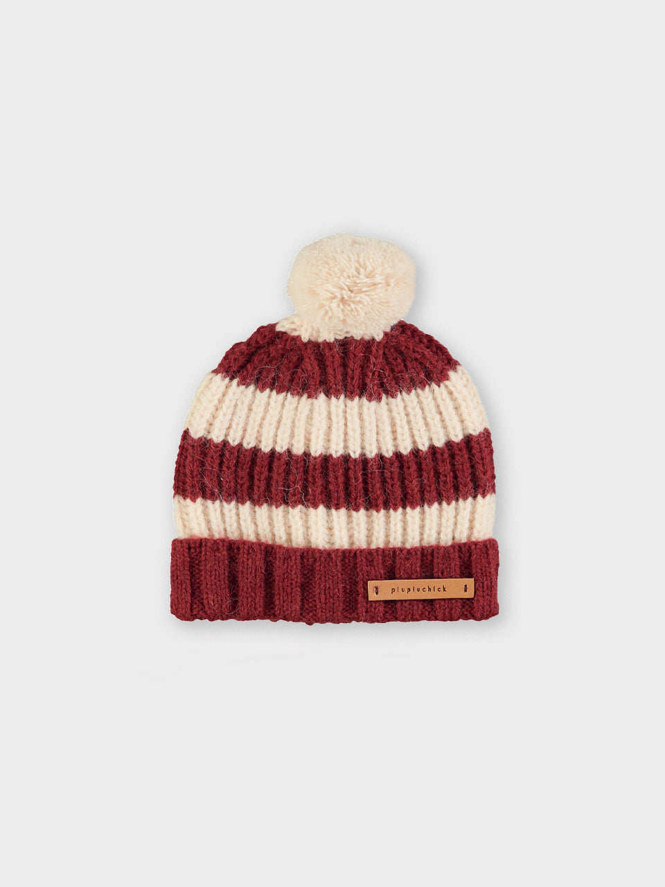 Piupiuchick - Knitted hat w/ pompon - Bordeaux & light pink stripes