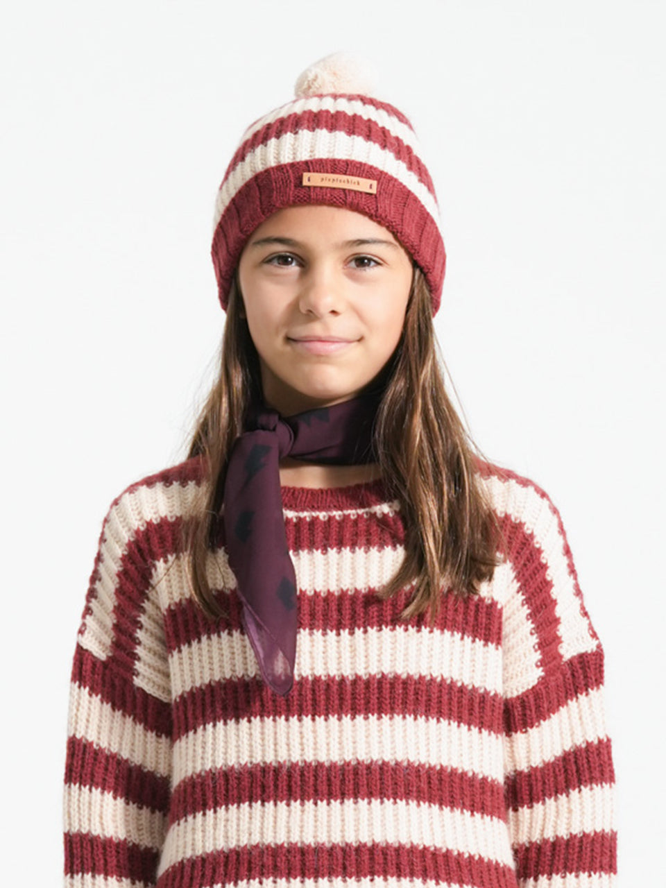 Piupiuchick - Knitted hat w/ pompon - Bordeaux & light pink stripes