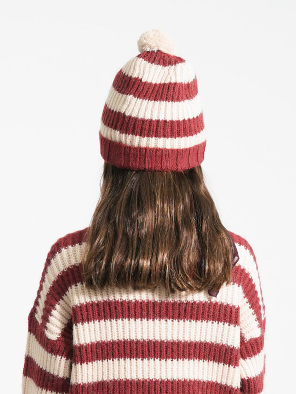 Piupiuchick - Knitted hat w/ pompon - Bordeaux & light pink stripes