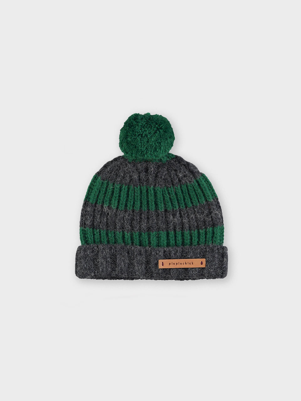 Piupiuchick - Knitted hat w/ pompon - Grey & green stripes