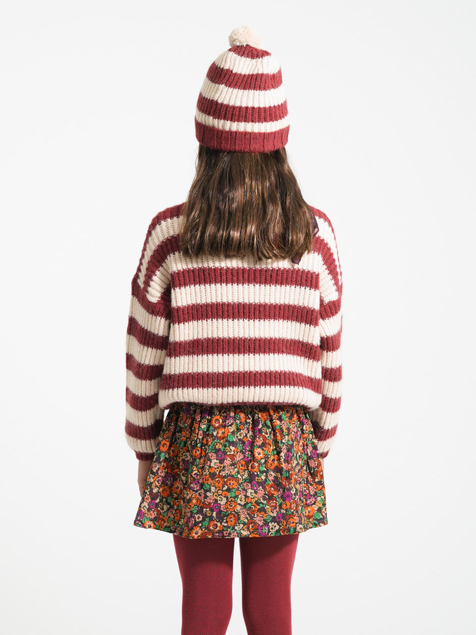 Piupiuchick - Knitted hat w/ pompon - Bordeaux & light pink stripes