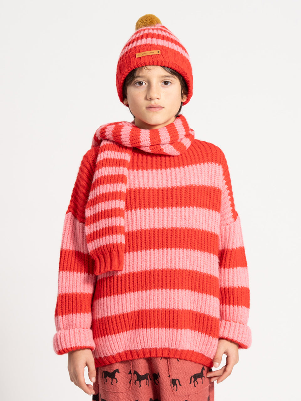 piupiuchick - Knitted Scarf - Red & Pink Stripes