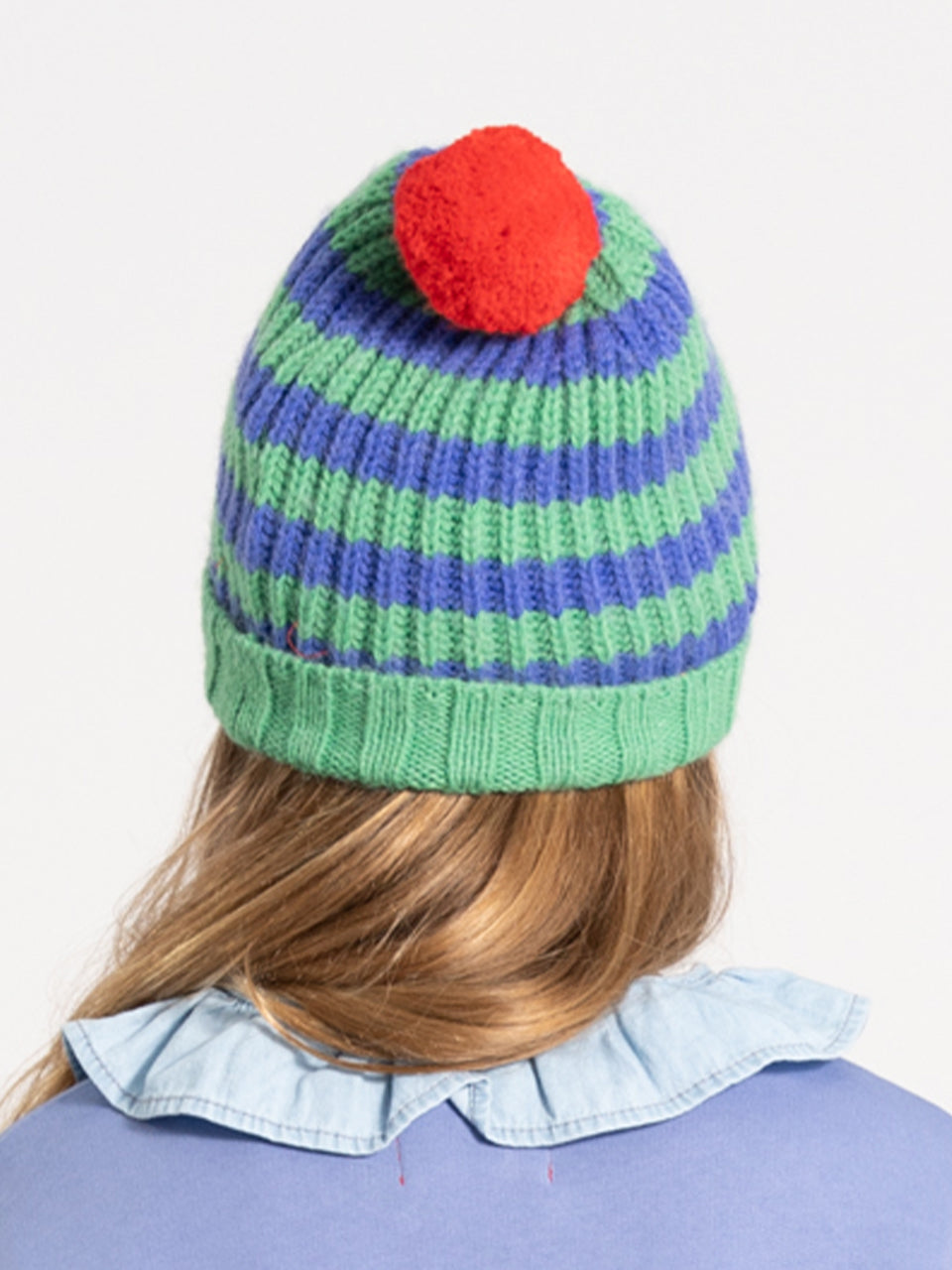 piupiuchick - knitted hat w/ pompom - Green & Purple stripes